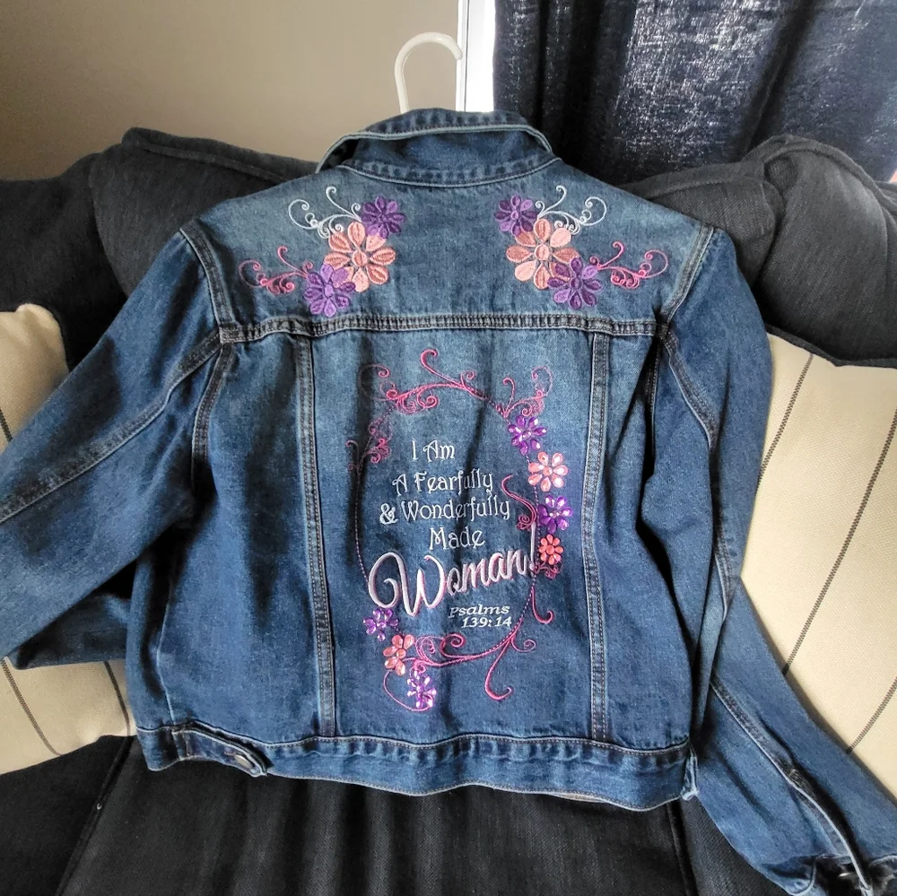 Embroidered Denim Jacket - Blue with Pink and Purple Accents - Picture 2 of 5